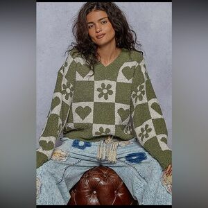 071 - POL Olive and Cream V-Neck Sweater